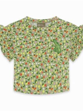 Girls' Puff Sleeve Top in Olive Green with Multicolor Spot Print